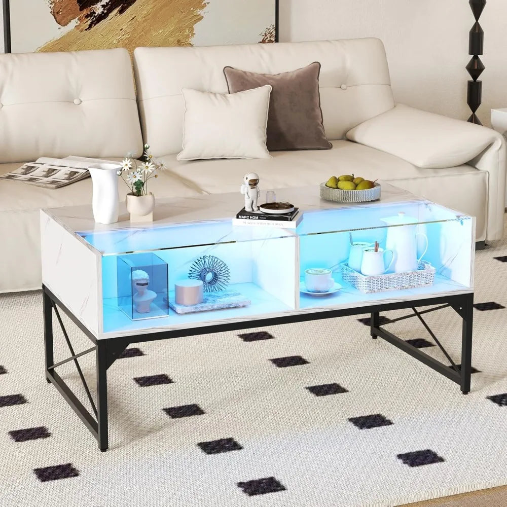 LED High Gloss Faux Marble Tempered Glass Top Coffee Table 4 Cubes