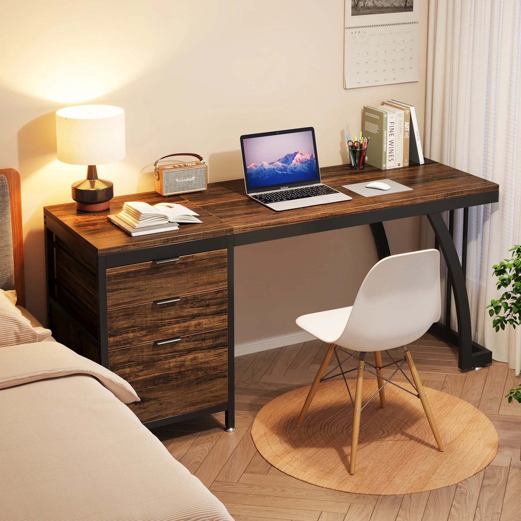 59IN Computer Desk w/3 Drawers, Reversible Drawers Adjustable Foot Pads