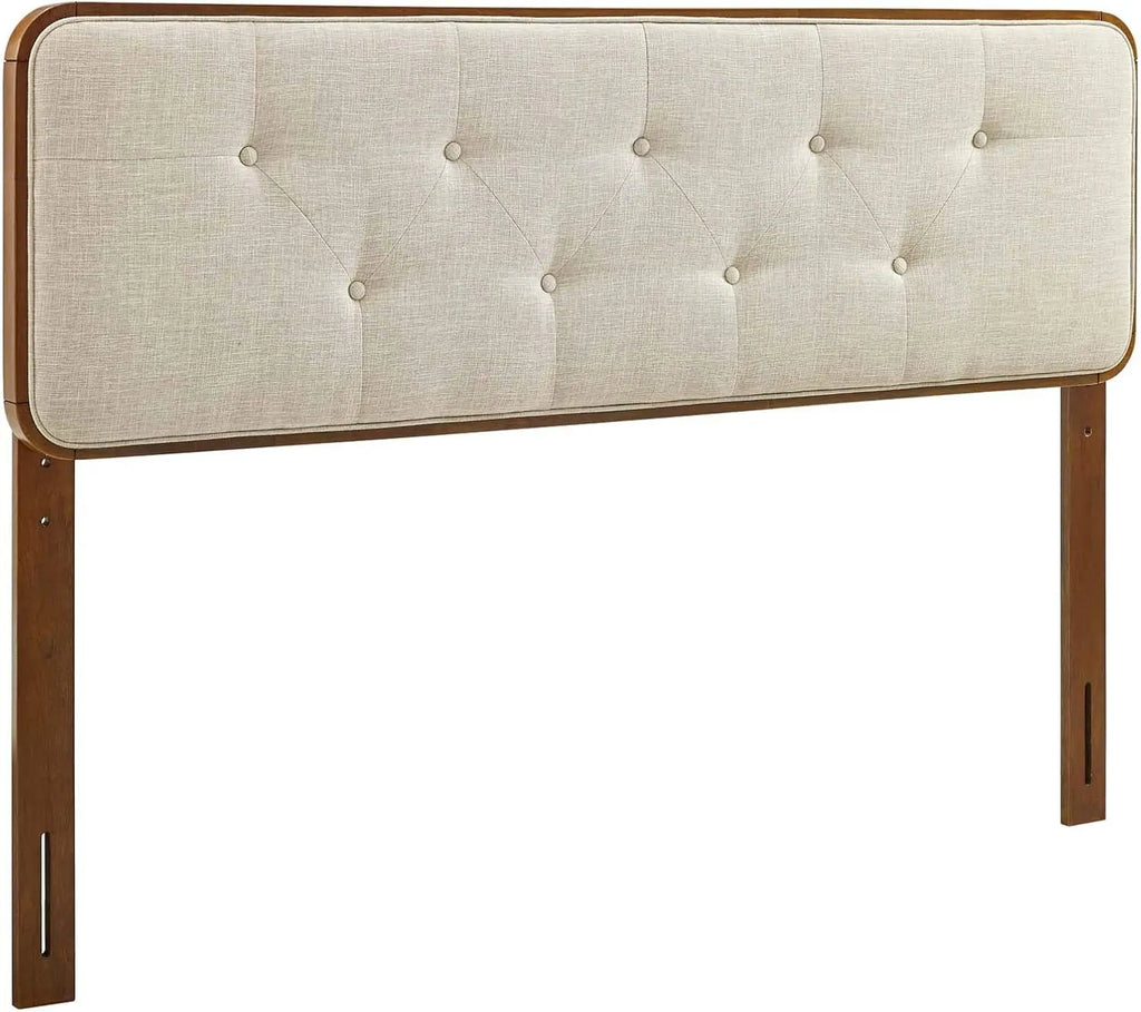 Tufted Full Fabric Wood Headboard Walnut Beige Bed Frame