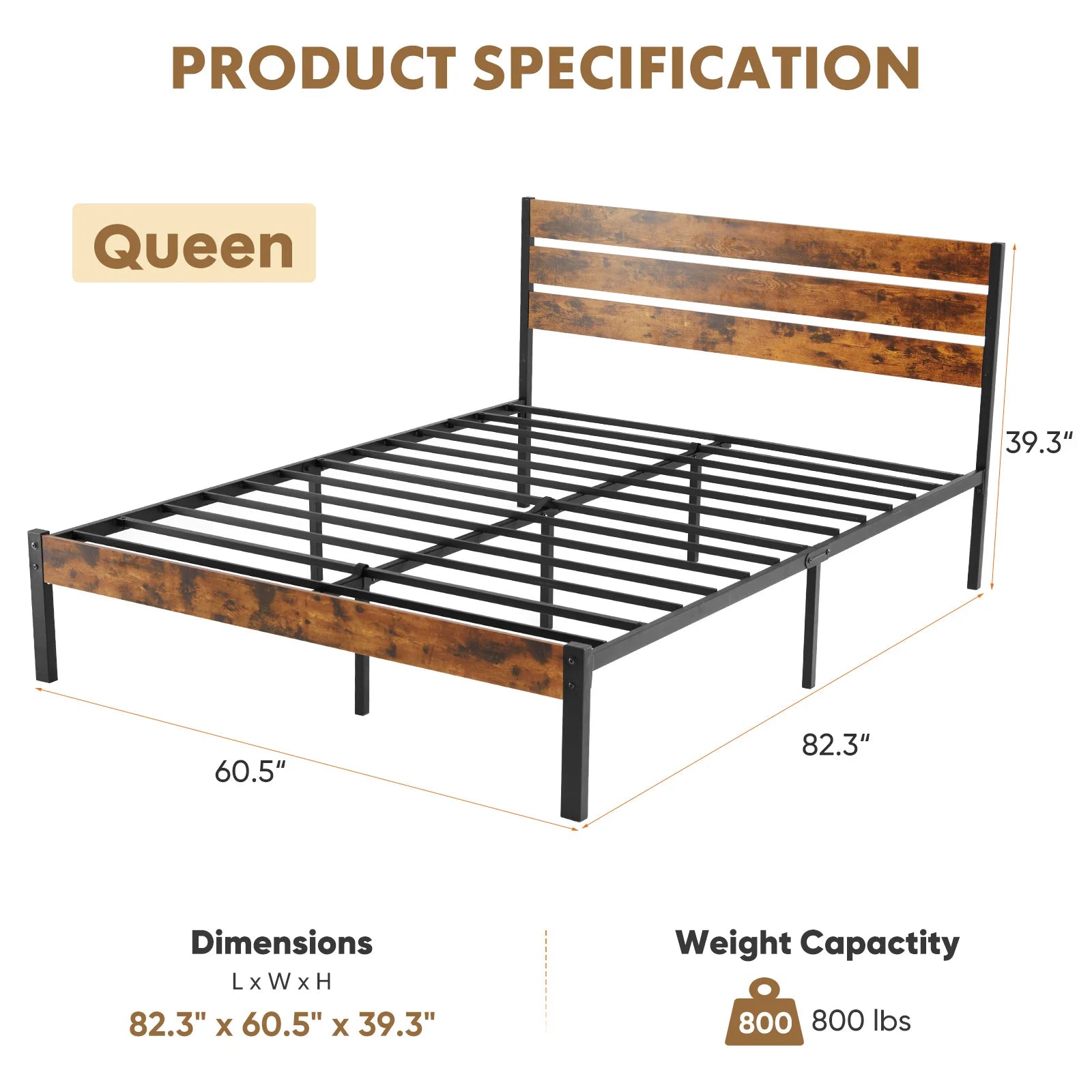Wood Headboard Metal Platform No Box Spring 700LBS Sturdy Wood Slats