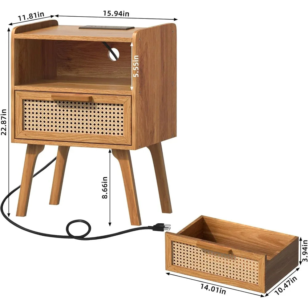 Rattan Nightstands Set of 2, Charging Station, Drawer, Solid Wood Legs