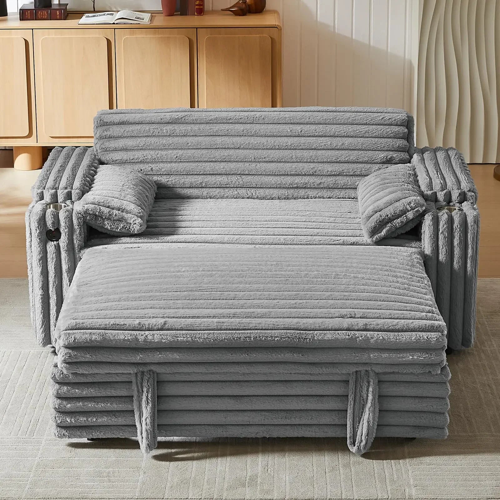 65'' 3-in-1 Folding, Pullout, Convertible Sofa Bed, 360° Swivel Side Table