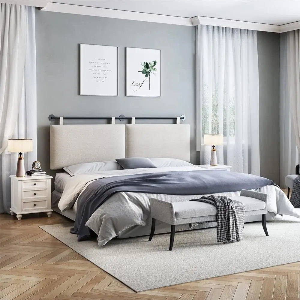 King Size Wall Mounted Upholstered Headboard Linen Fabric, Beige