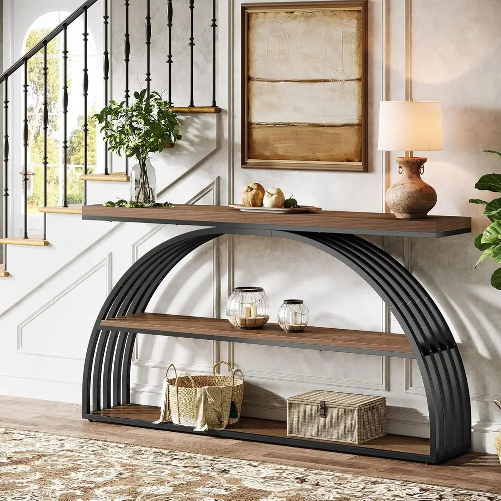 63-Inch Arched Table 3-Tier Shelf  Rustic Brown & Black