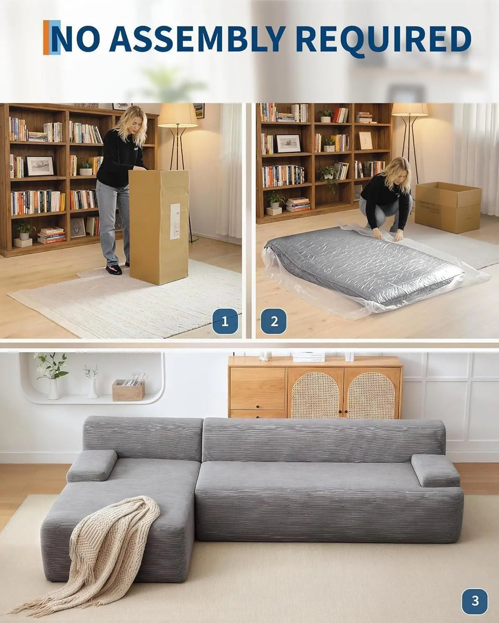 108"  Boneless Corduroy Cloud Sectional Sofa, Left-Facing Chaise, Soft Deep Lounger