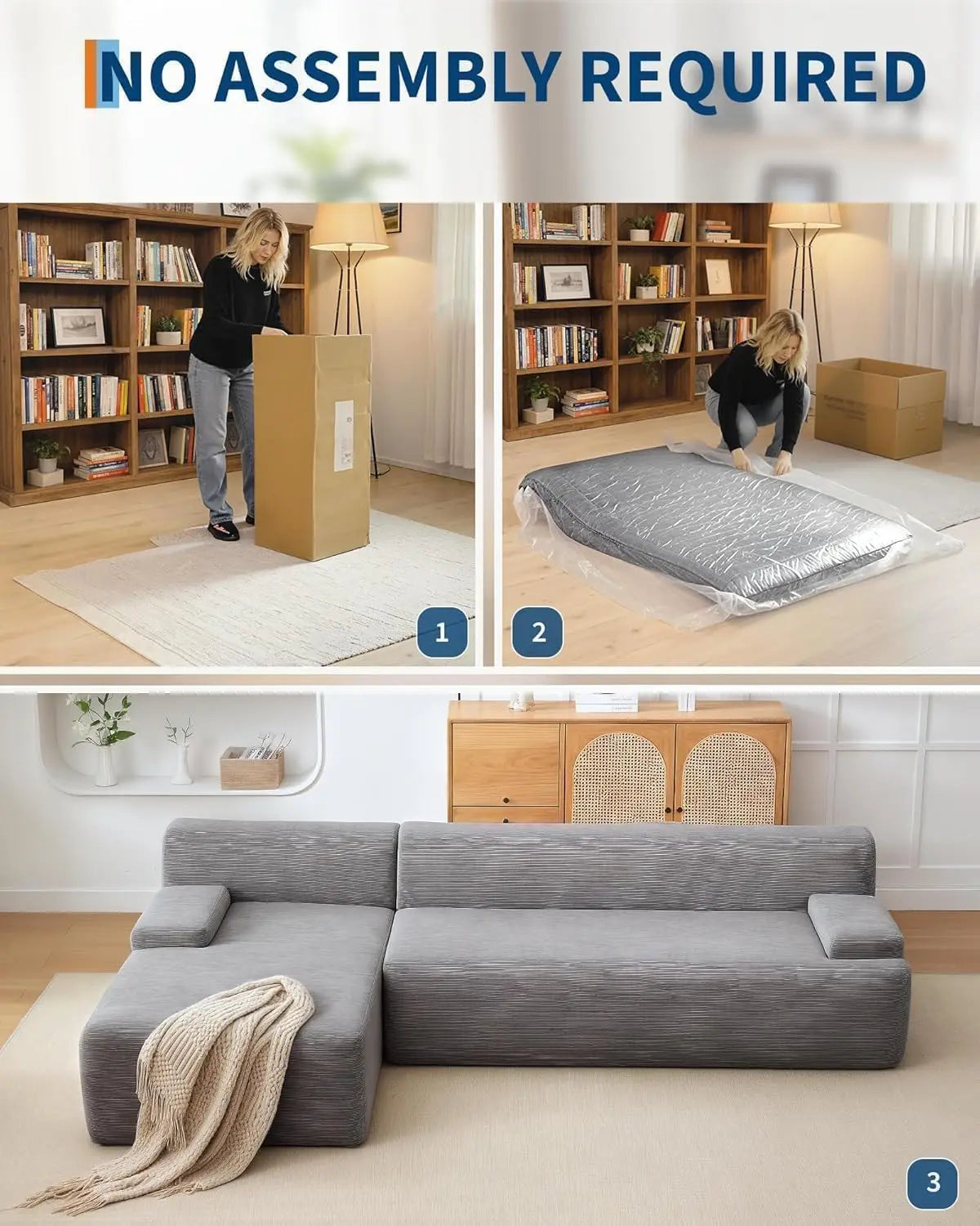 108"  Boneless Corduroy Cloud Sectional Sofa, Left-Facing Chaise, Soft Deep Lounger