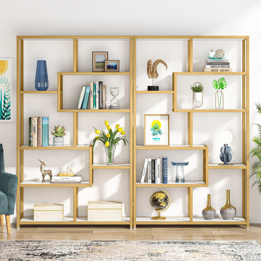 8-Open Gold Shelf Etagere Bookcase with Faux Marble