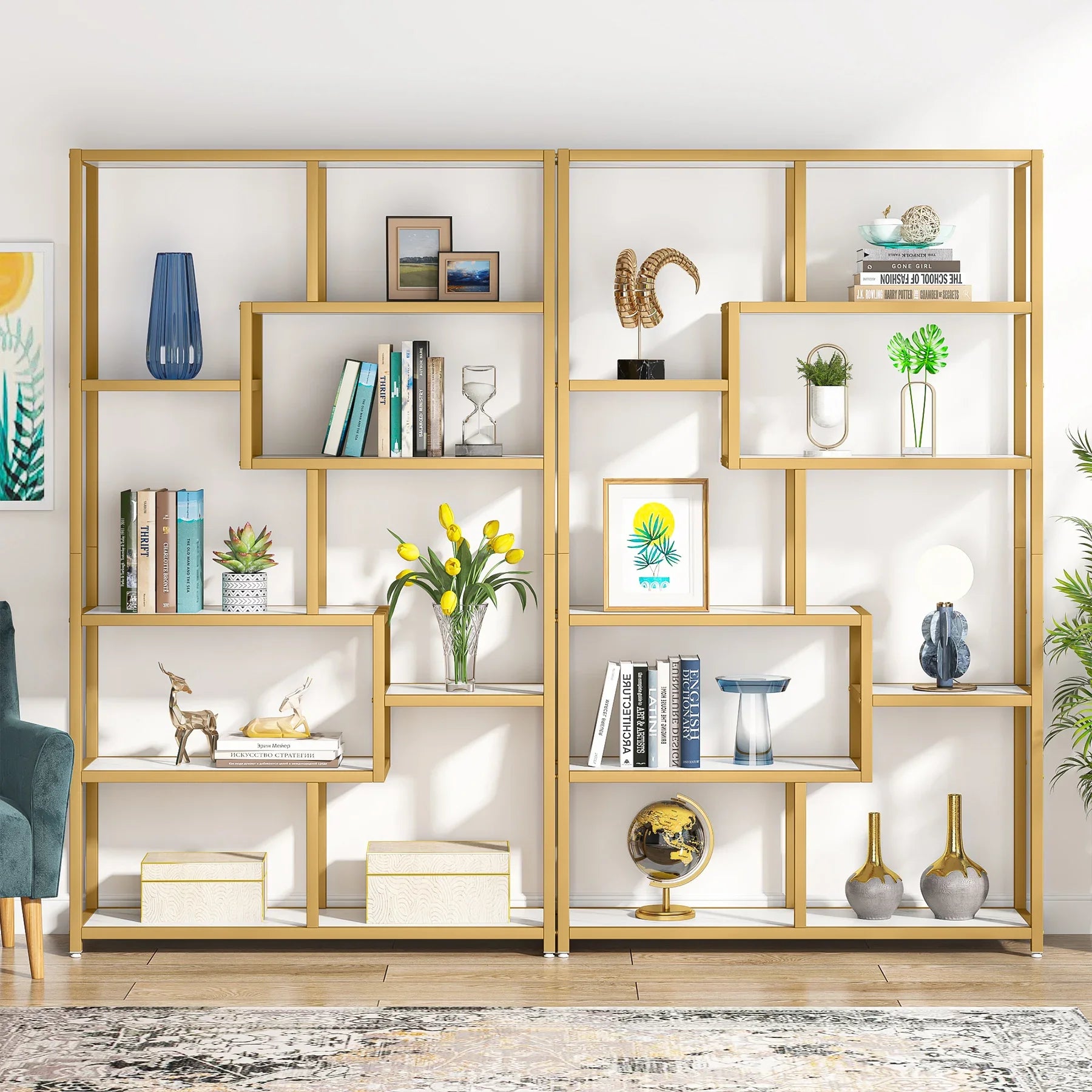 8-Open Gold Shelf Etagere Bookcase with Faux Marble