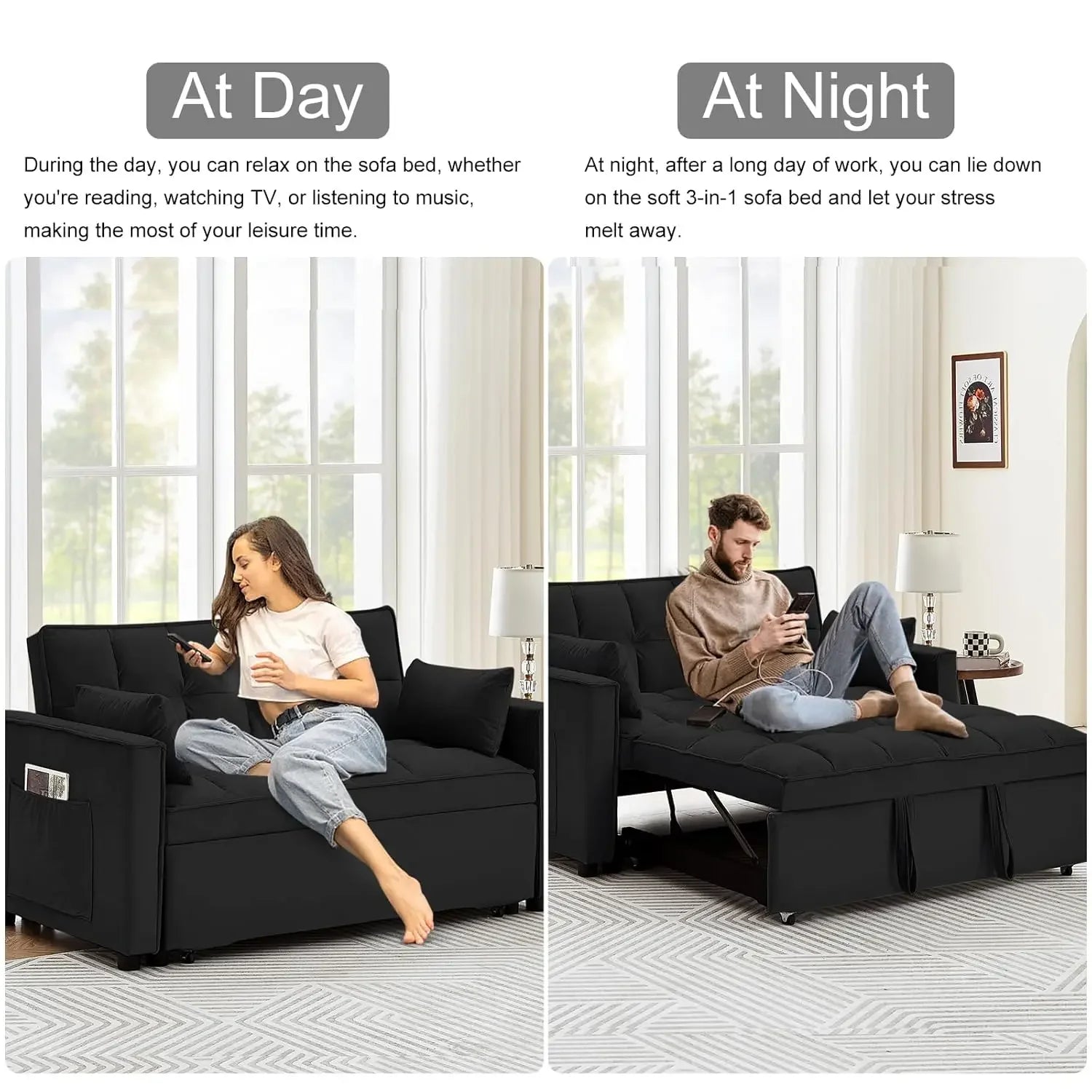 55" 3-in-1 Loveseat Sleeper Sofa Adjustable Reclining Pull Out