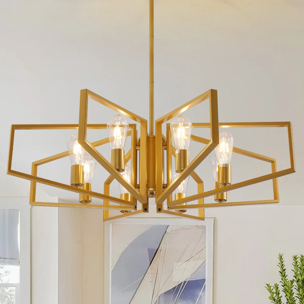 8-Light Chandelier, Adjustable Height, Black Frame, Golden Accents.