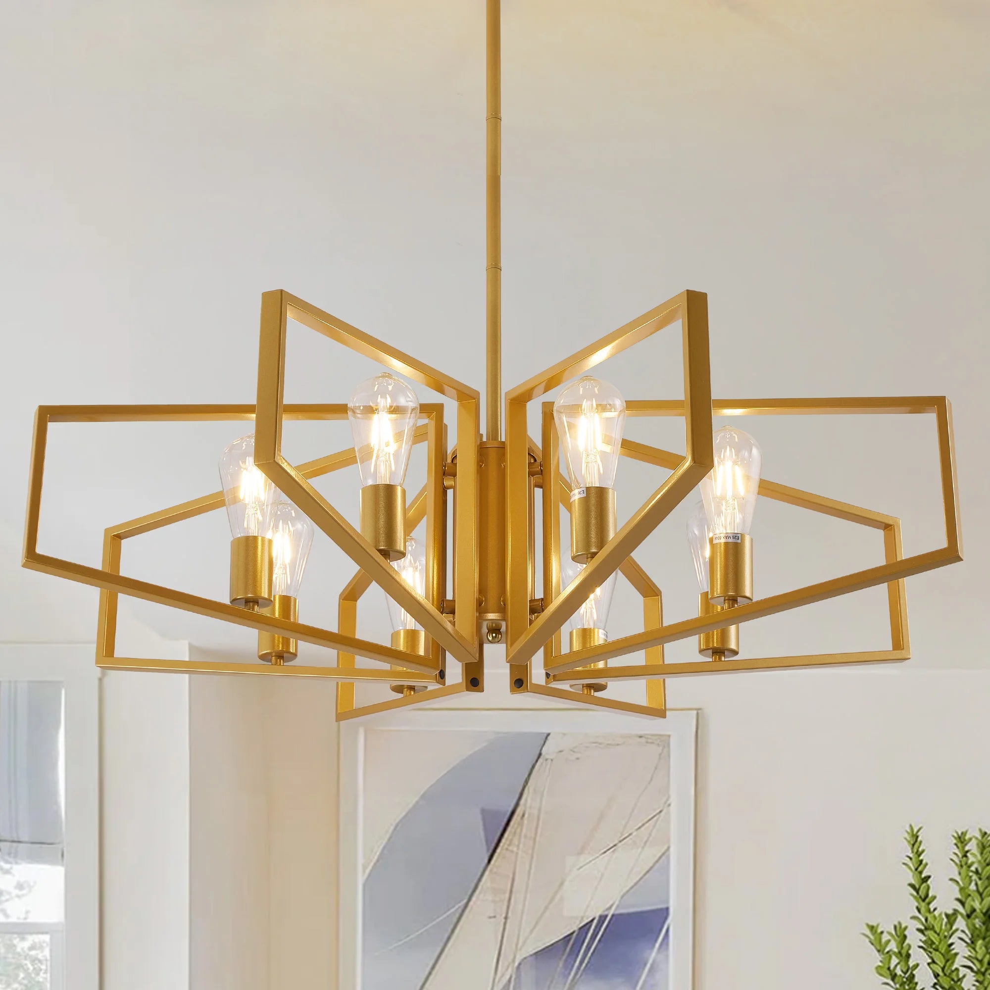 8-Light Chandelier, Adjustable Height, Black Frame, Golden Accents.