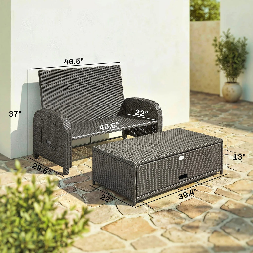 Outdoor Patio Rattan Daybed w/Storage Ottoman, Navy Blue