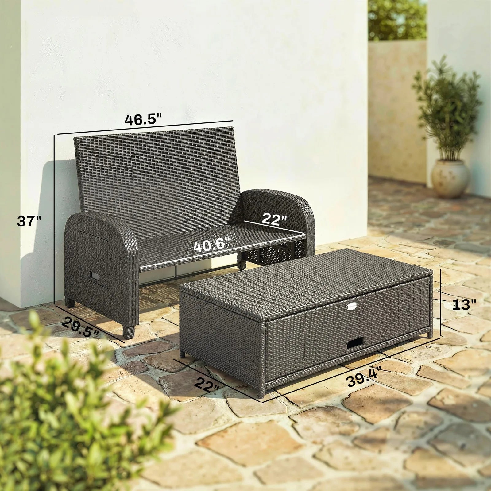Outdoor Patio Rattan Daybed w/Storage Ottoman, Navy Blue