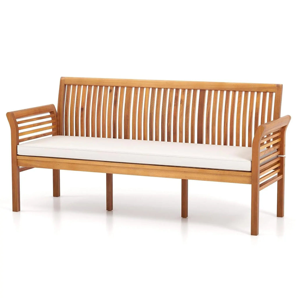 Wooden Indoor/Outdoor Bench, Cushion, Curved Armrest, Slatted Back 23x62.5x30.5
