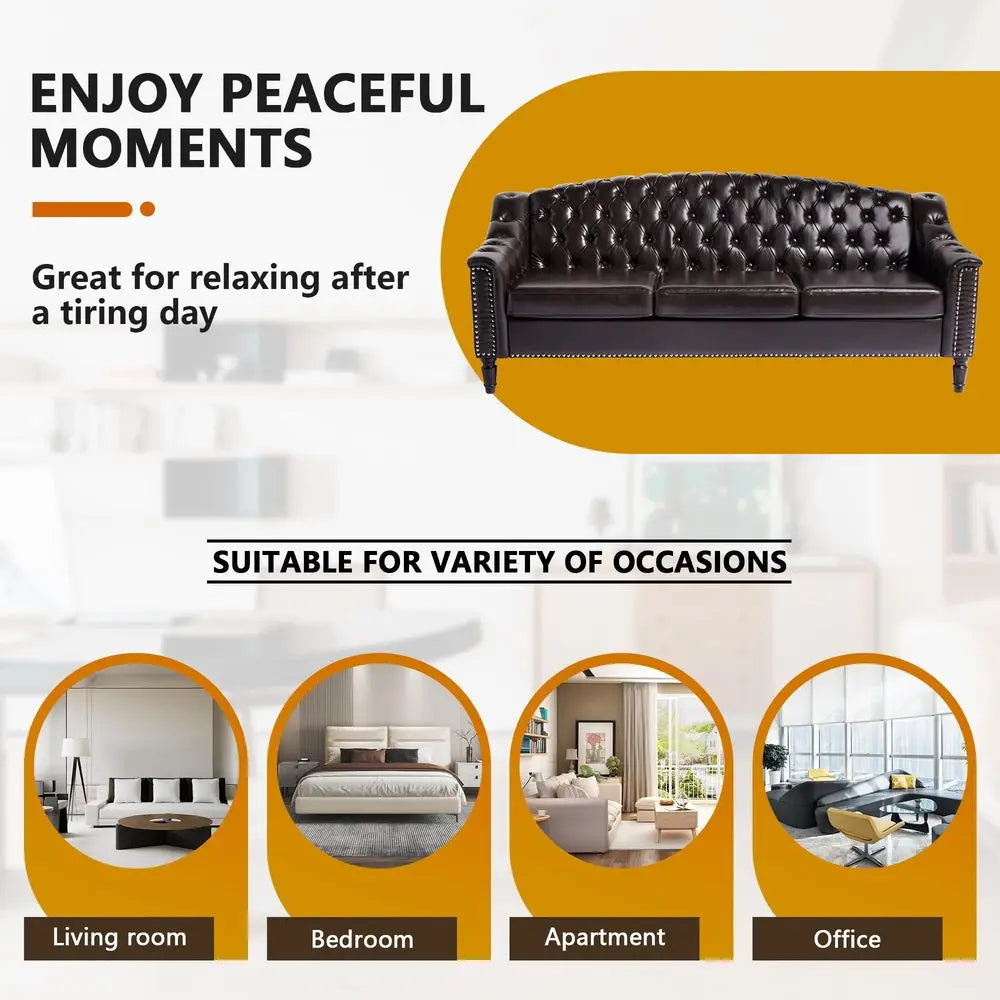 Leather Couch, 80IN, High Back, Chesterfield Sofa Sleeper Settee, Solid Wood Leg