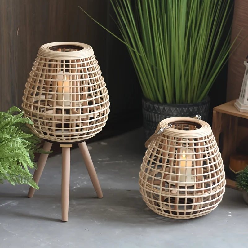 Hand-Woven Vine Lamp with Candle Holder – Rustic Floor Standing Lantern
