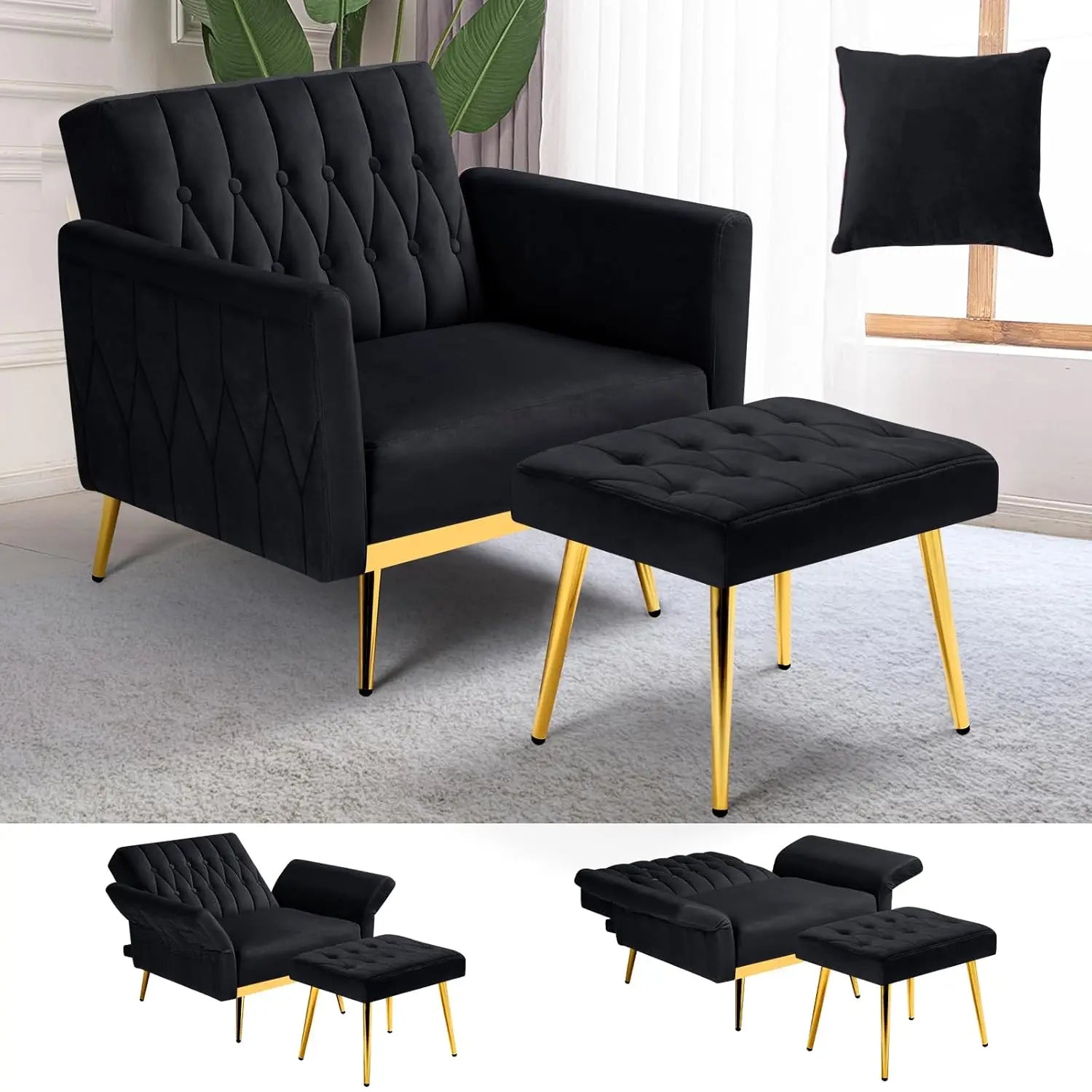 Velvet Recliner Chair Adjustable Armrests and Backrest, Button Tufted Chair