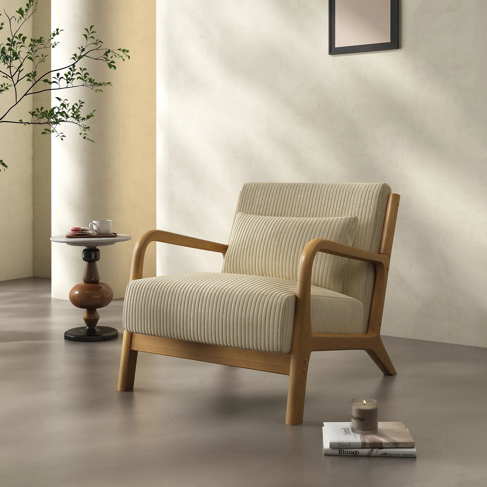 Mid-Century  Accent Chair, Comfy Fabric with Solid Wood Frame