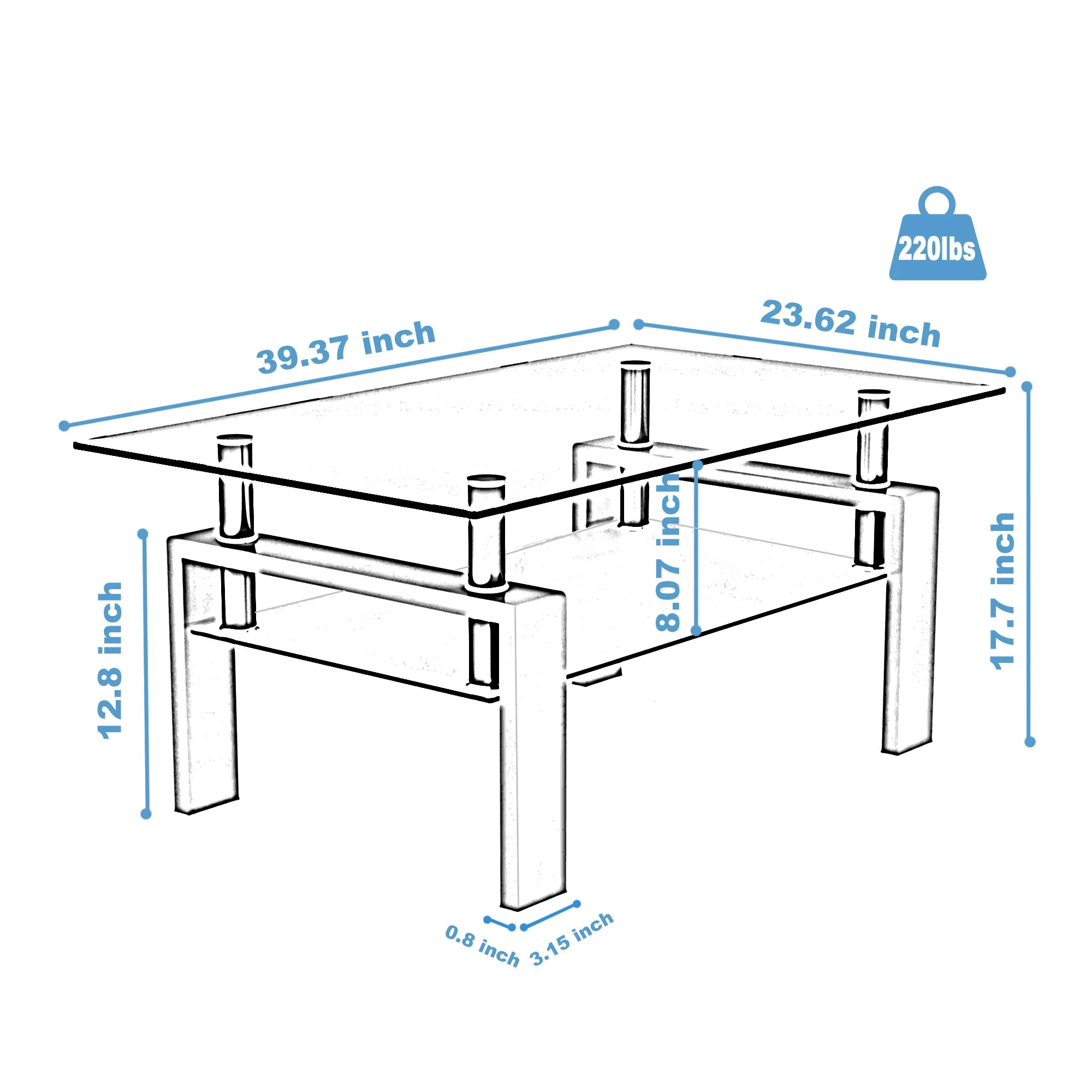 2-Tier Rectangle Black Clear Glass Coffee Table