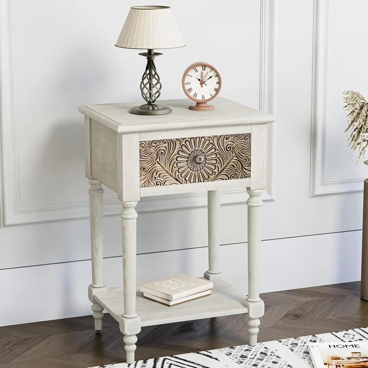 White Nightstand 2-Drawer & Storage Flower Motif