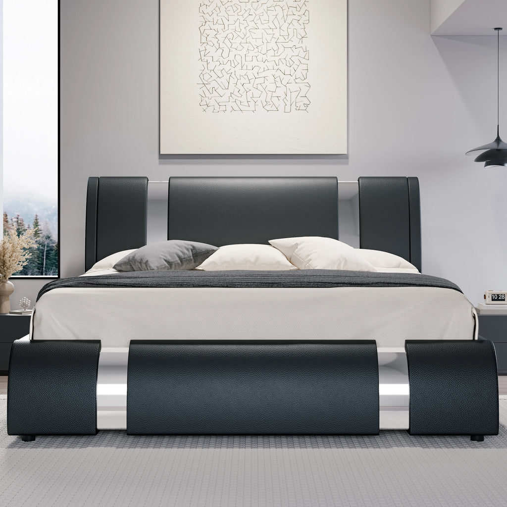 Faux Leather Low Profile Platform Bed Frame Height-Adjustable Headboard