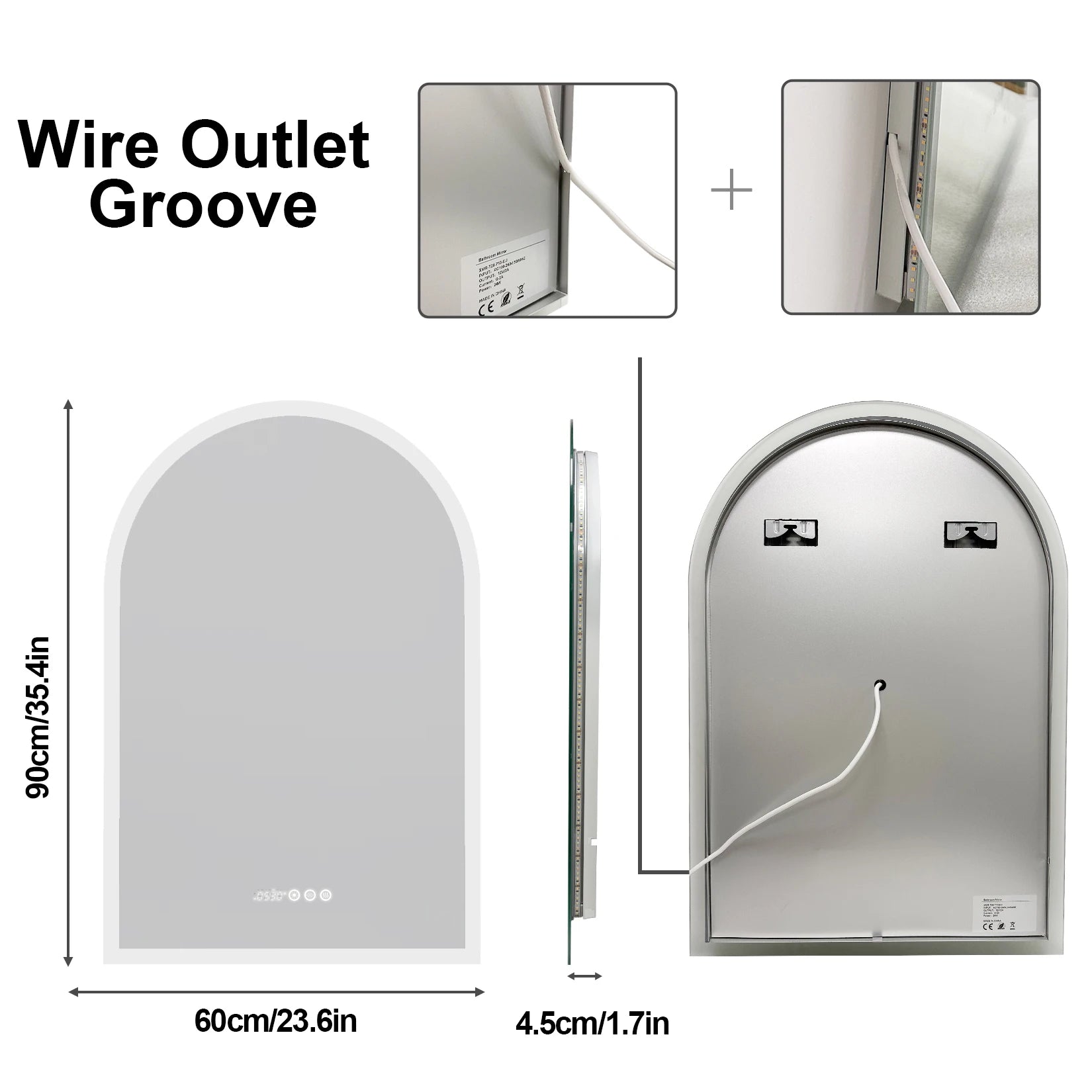 60x90CM Arched LED Mirror Backlit Frameless Antifog Time/Temperature Display