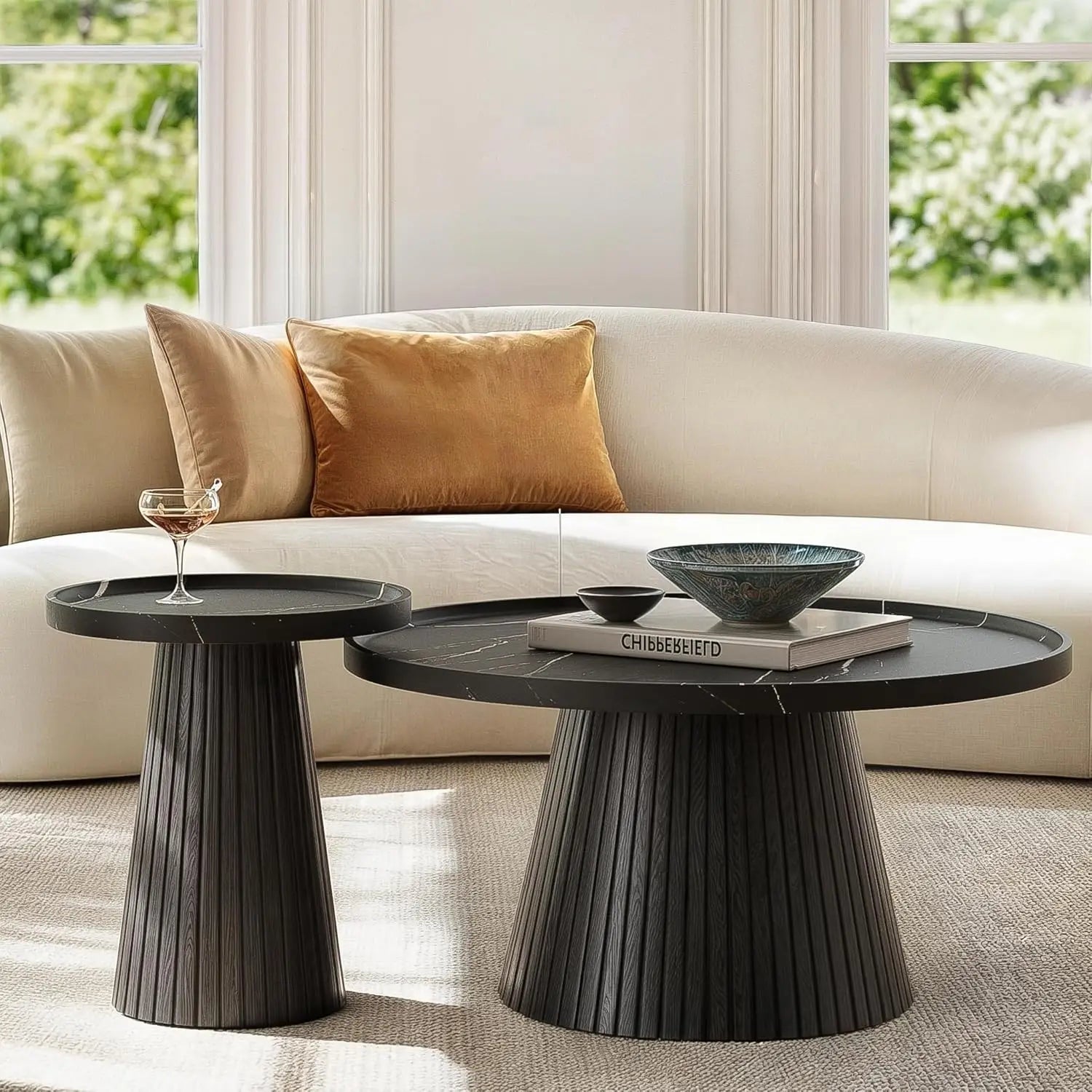 Coffee Table Set of 2, Fluted Faux Stone Veneer, Travertine Tea Table