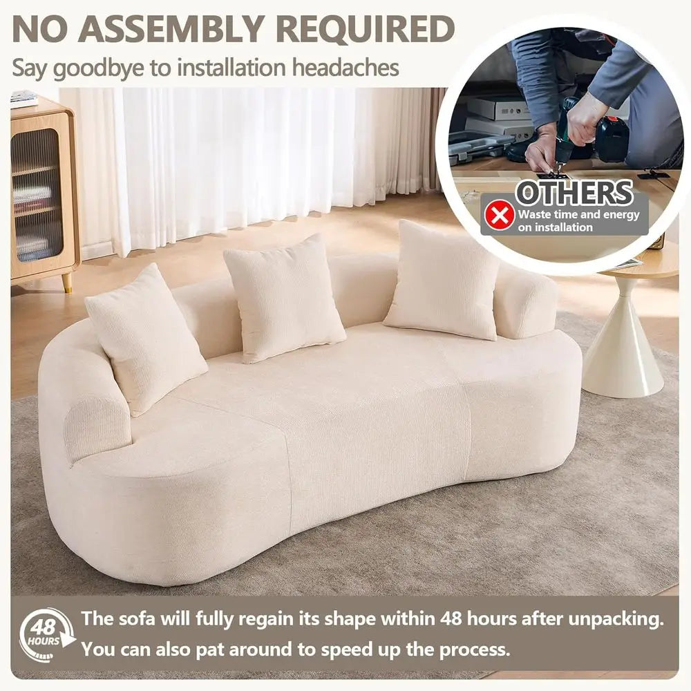 67” Plush Chenille Curved Loveseat, 3 Throw Pillows Extra Wide Armrests