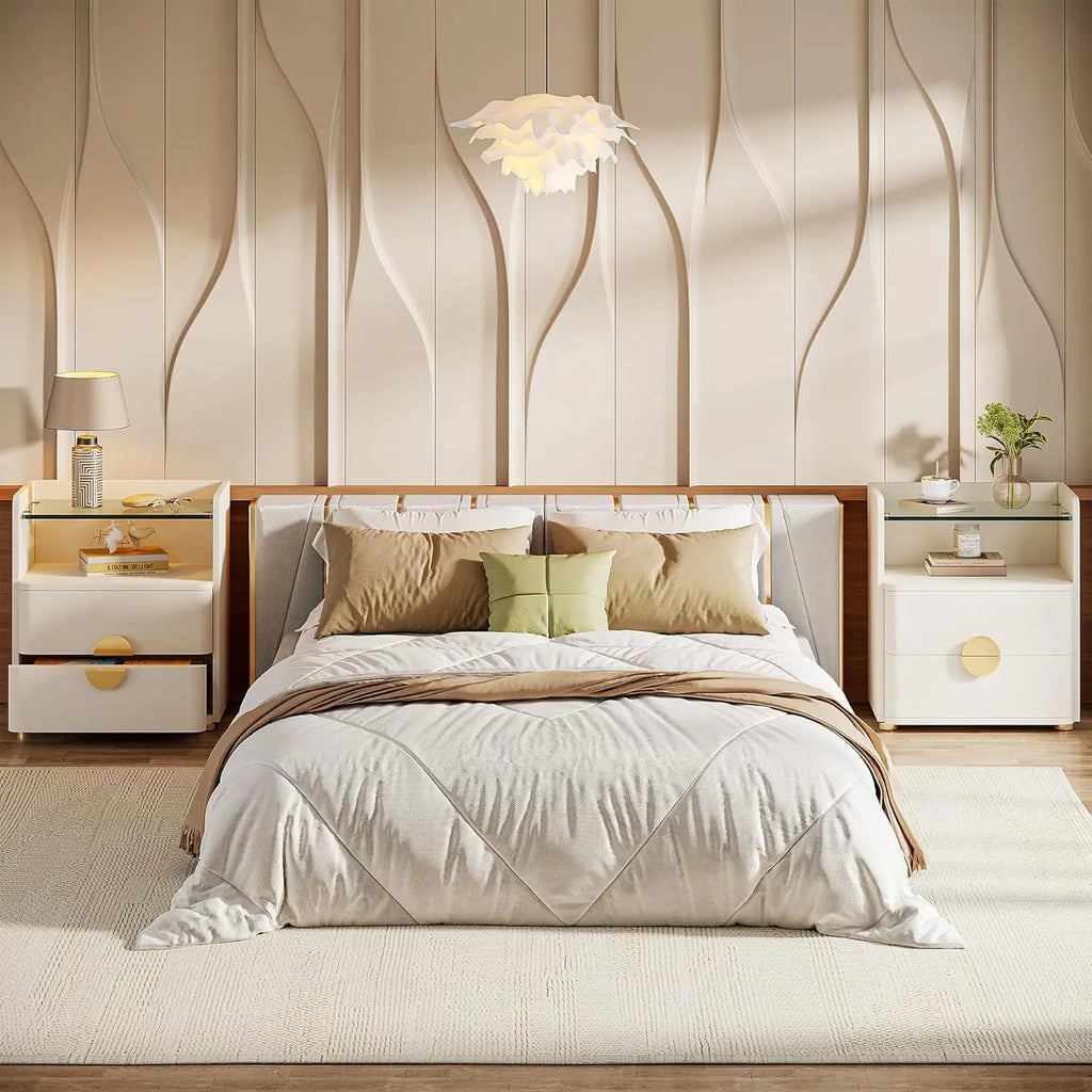 Nightstand w/2 Drawers, w/Open Storage Shelf, Tempered Glasses
