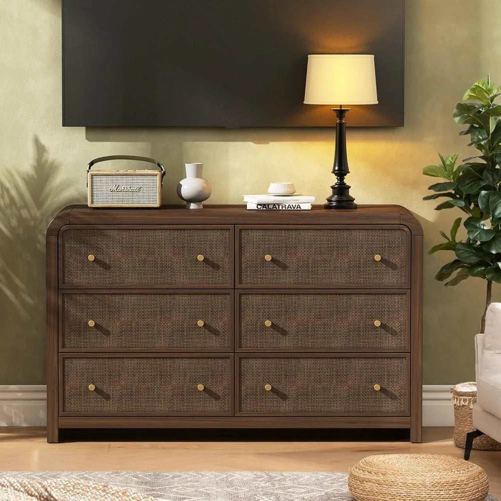 49IN Rattan Dresser, 6-Drawers, Boho Thickened Curved Design, Dark Walnut