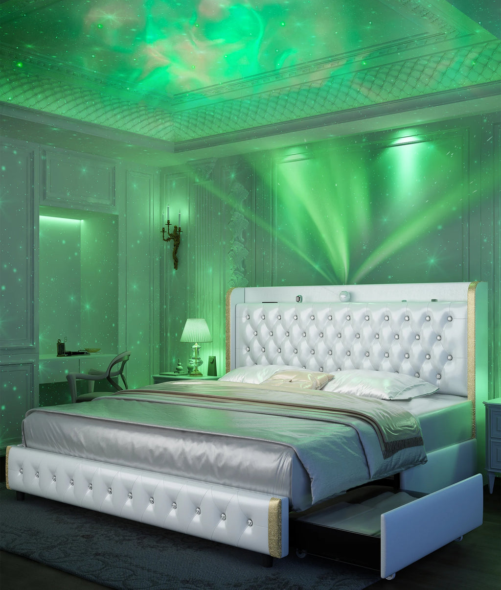 LED Frame, Galaxy Projector, Bluetooth, USB Ports, 4 Drawers, No Box Spring Needed