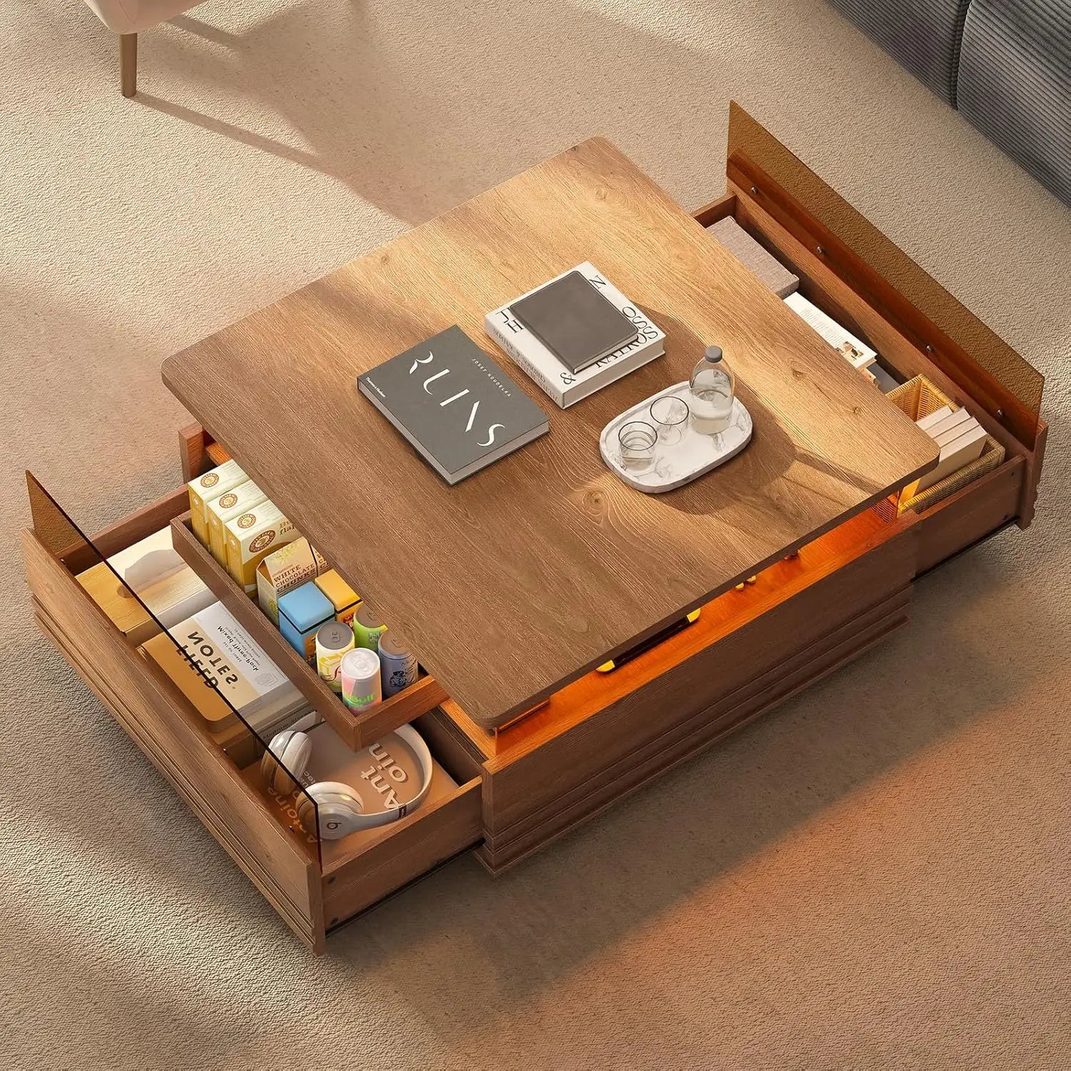 Square Fluted Coffee Table LED Lights Tempered Glass Drawer