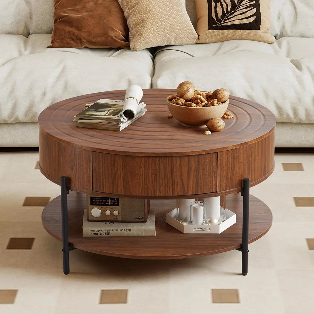 Round Coffee Table, 2-Drawer 2-Tier Rustic Wood Desktop Shelf