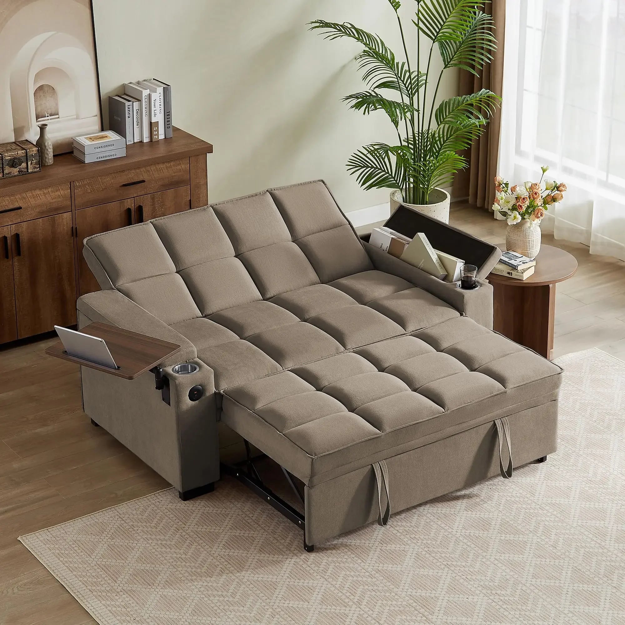 65'' 3-in-1 Folding, Pullout, Convertible Sofa Bed, 360° Swivel Side Table