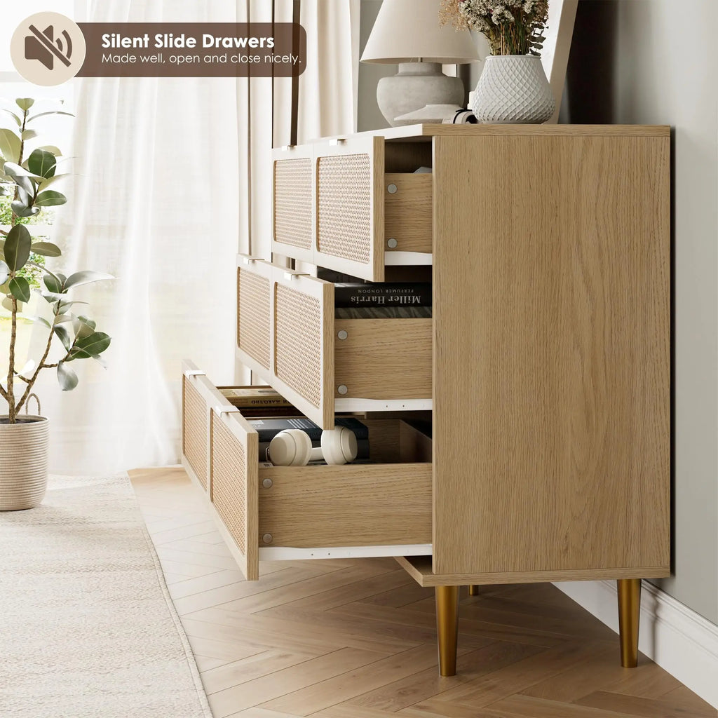 6-Drawer Hand Woven Rattan/Wood Dresser, Natural Deep Drawers