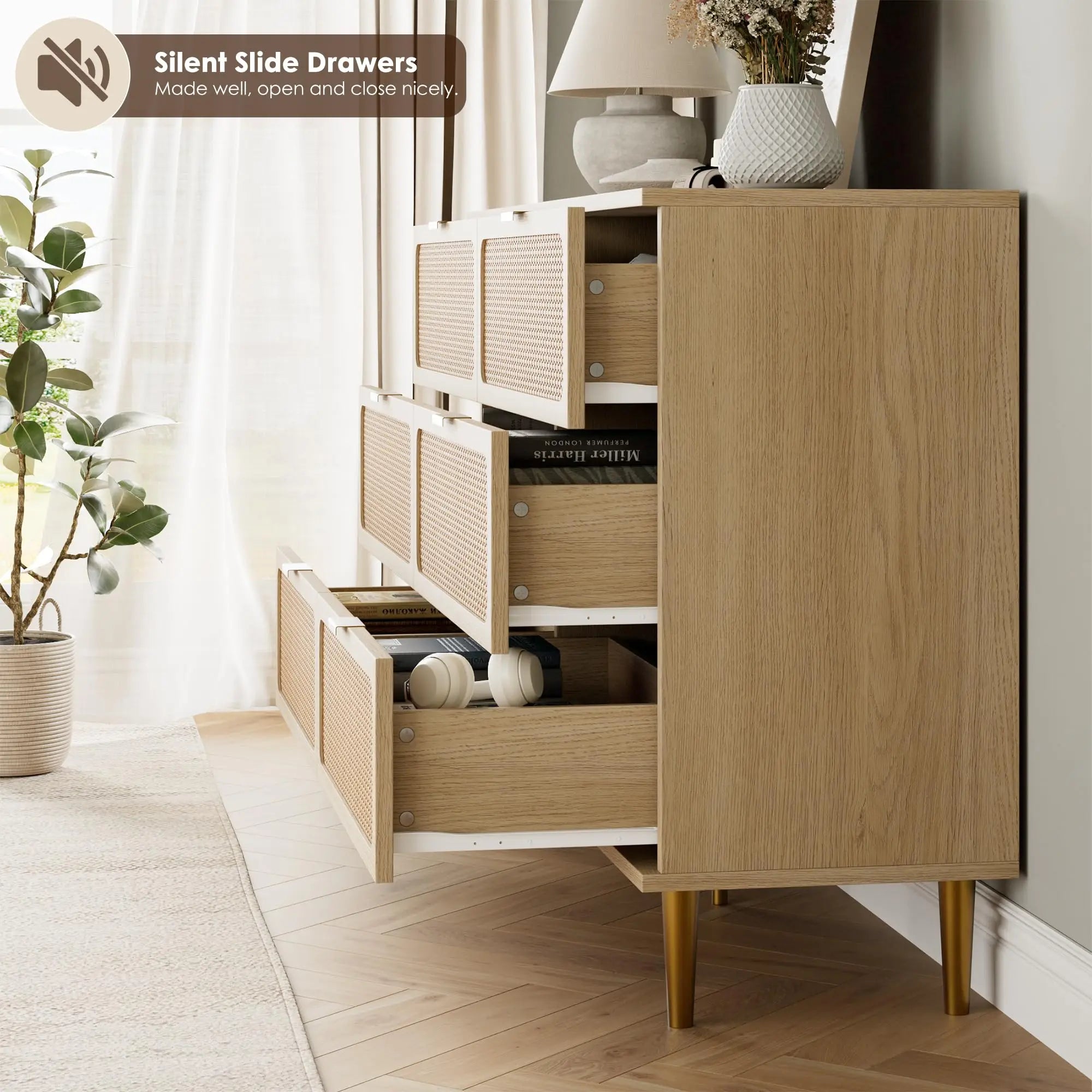 6-Drawer Hand Woven Rattan/Wood Dresser, Natural Deep Drawers