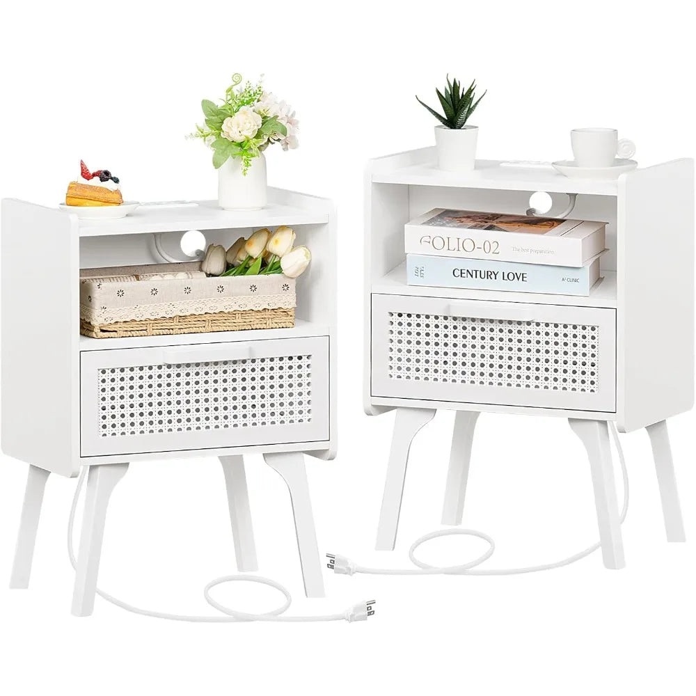Rattan Nightstands Set of 2, Charging Station, Drawer, Solid Wood Legs