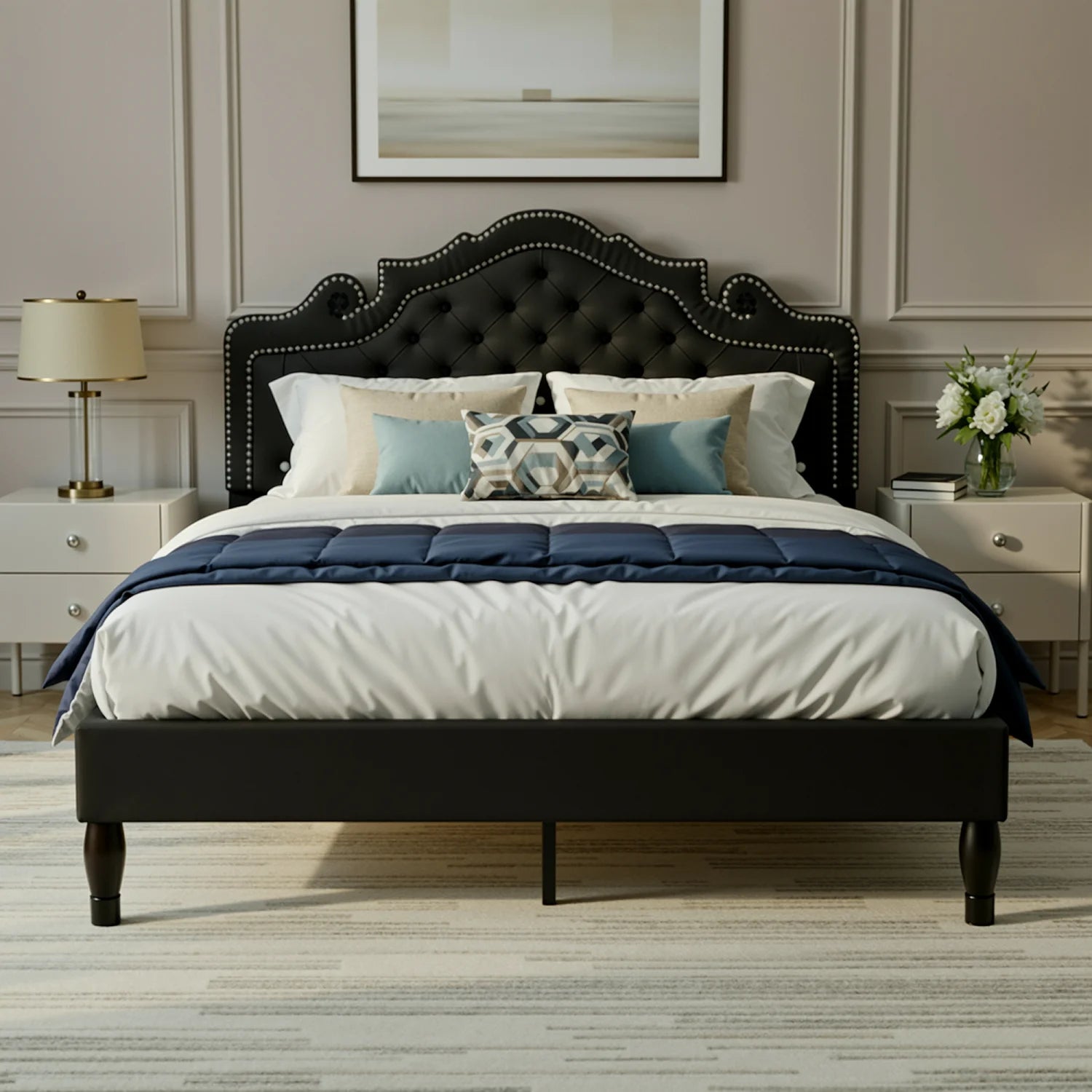 Full/Queen/King Velvet Diamond Tufted Upholstered Adjustable Headboard, Platform Bed Frame