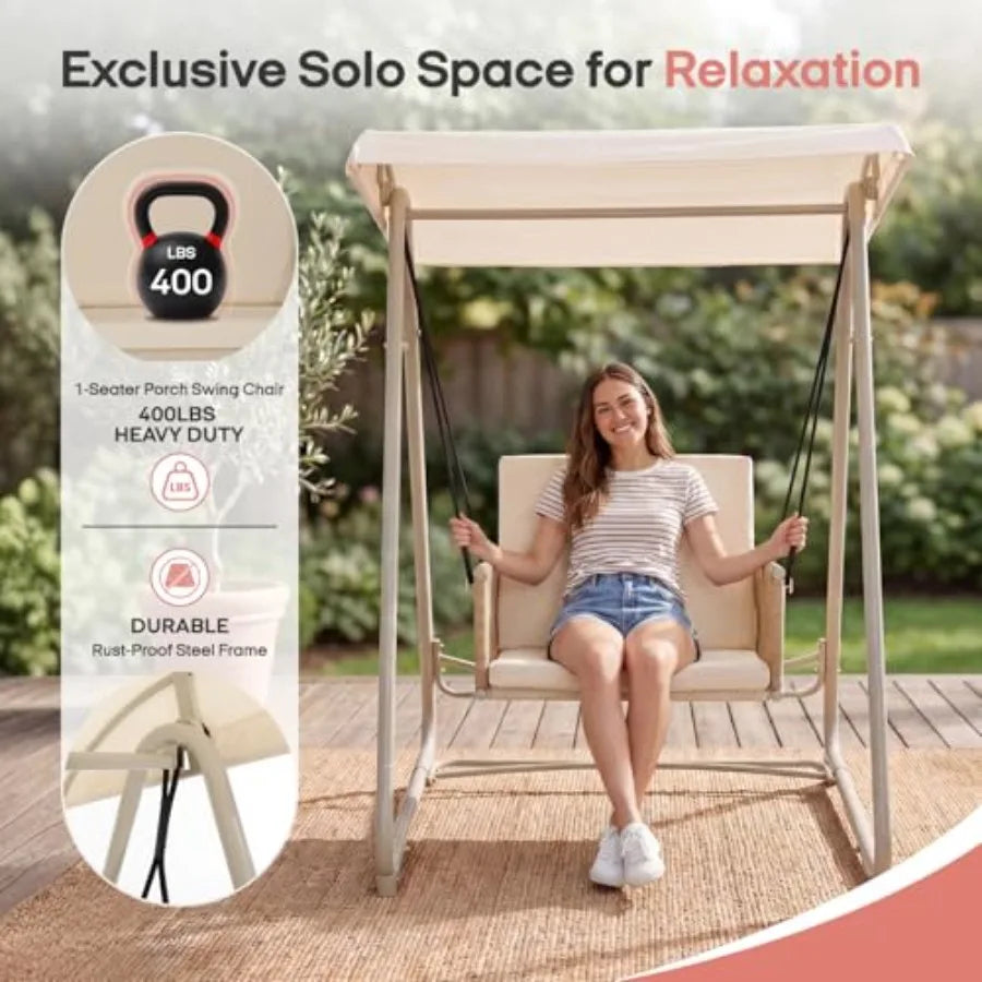 Patio Swing Chair Adjustable Canopy, Heavy-Duty Triangular Frame, Single Seat