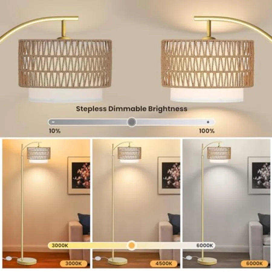 Arc Gold Floor Lamps, Remote Control, Dimmable Bulb, Rattan Boho