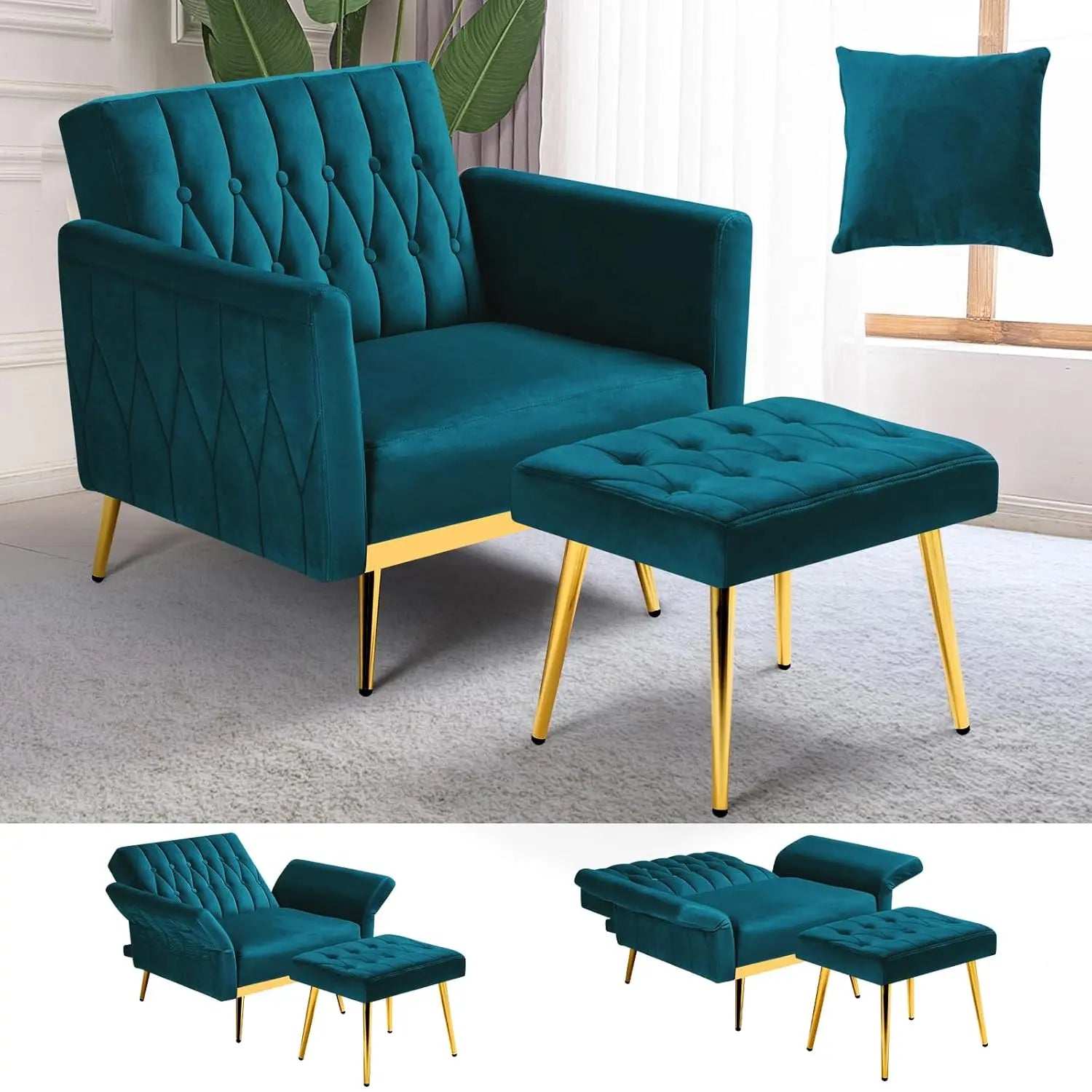 Velvet Recliner Chair Adjustable Armrests and Backrest, Button Tufted Chair