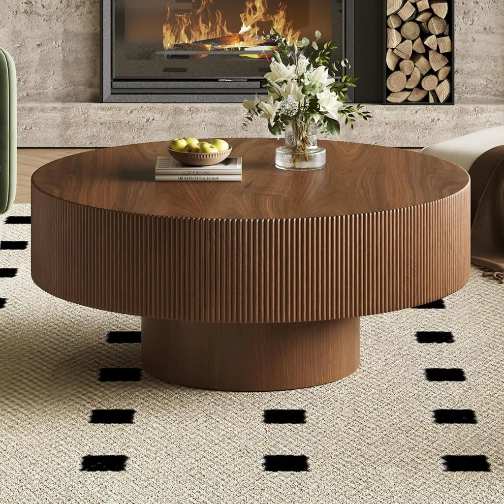35.4IN Round Large Fluted Coffee Table, Sturdy Wood Base, Easy Assembly, Walnut