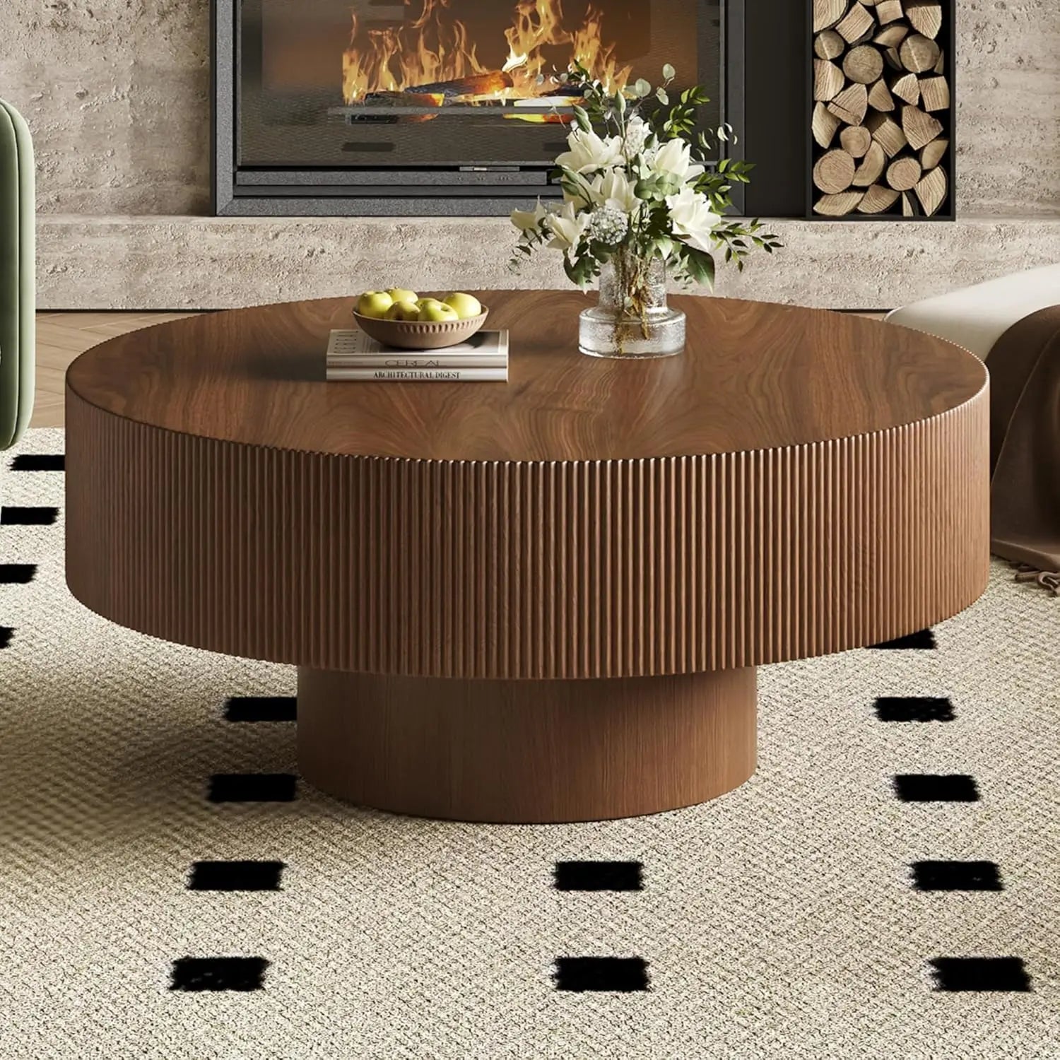 35.4IN Round Large Fluted Coffee Table, Sturdy Wood Base, Easy Assembly, Walnut
