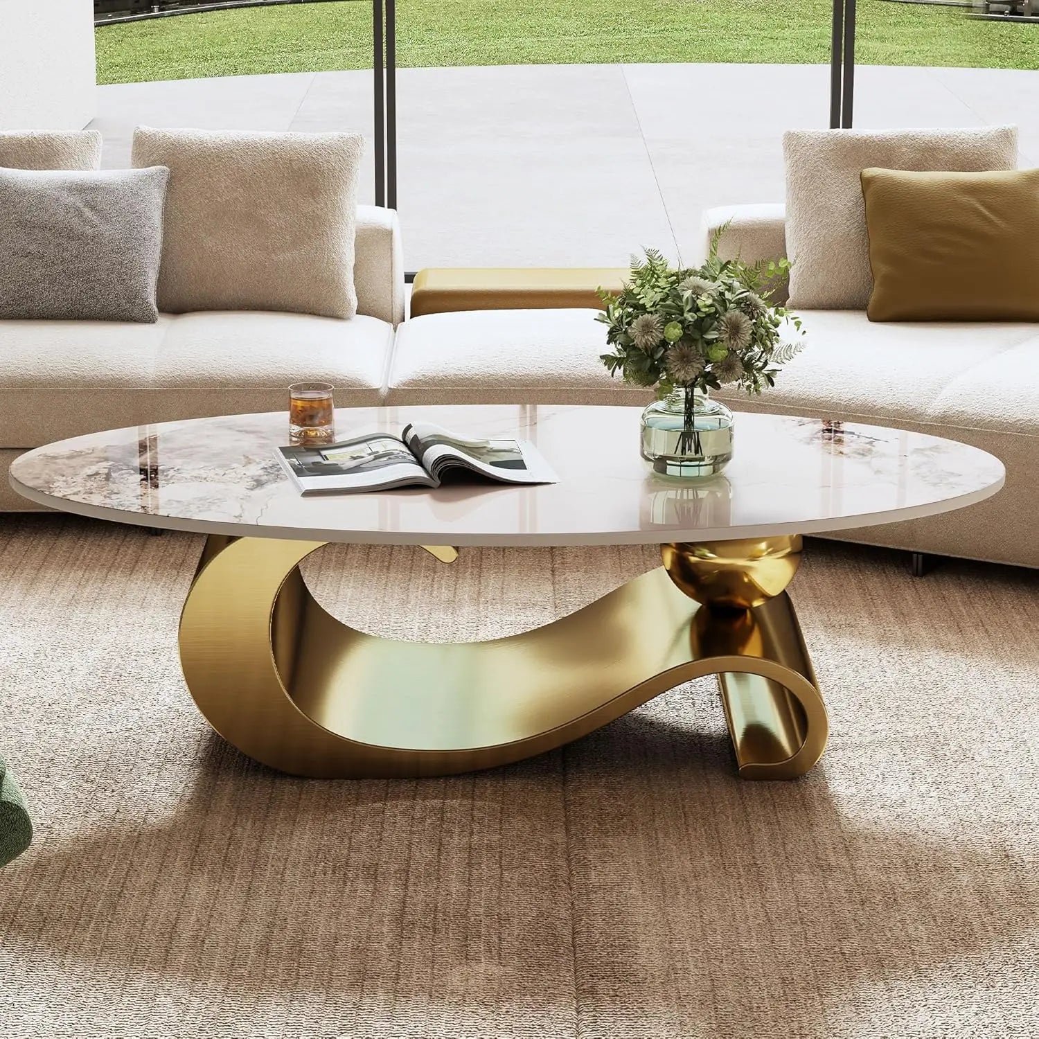 Coffee Table, Silver Stainless Steel Pedestal Oval Faux Marble Top.