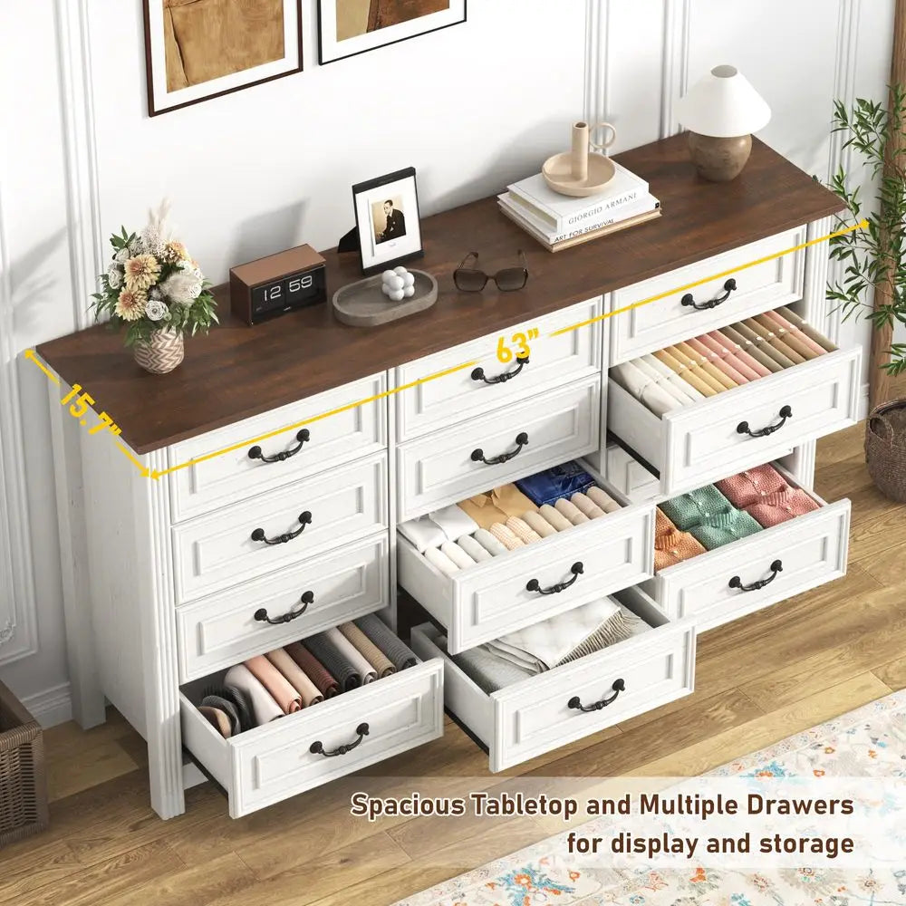 Farmhouse 12-Drawer 63IN Wood Chest of Drawers, Rustic Handles