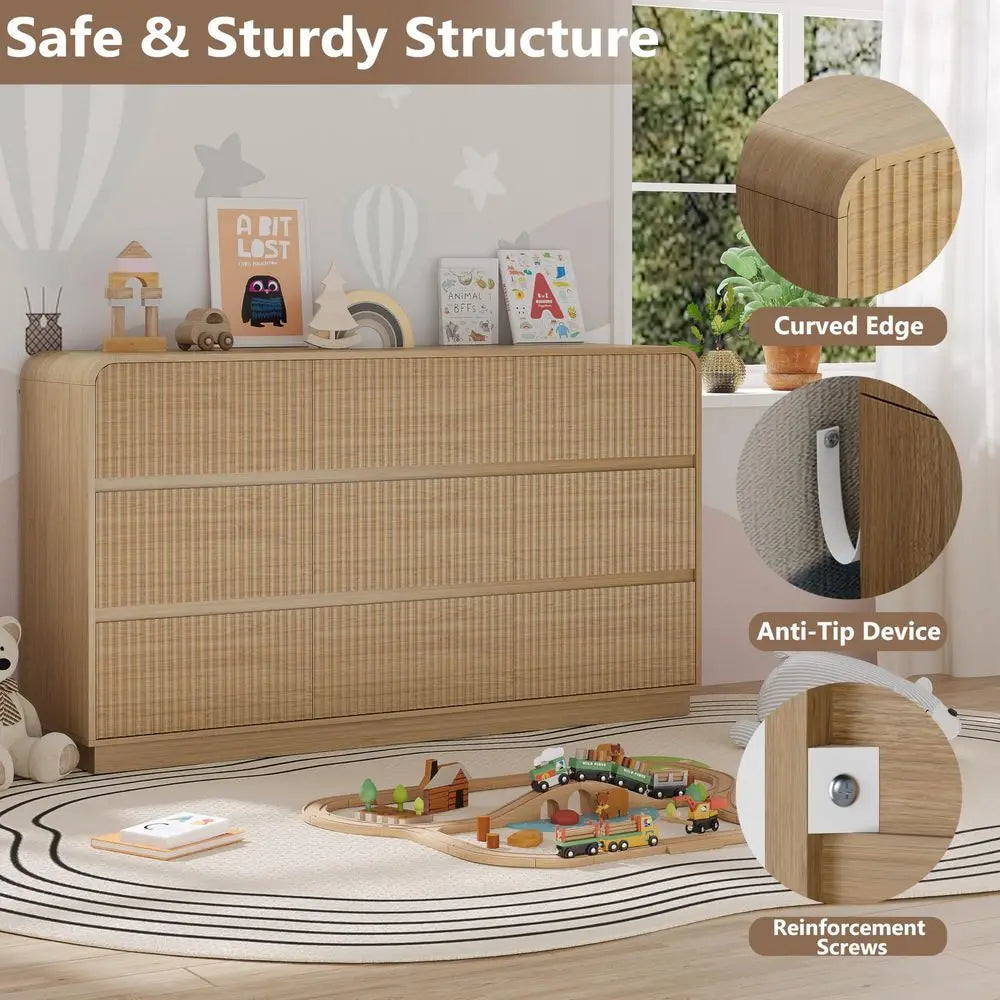 9-Drawer Dresser, Fluted Chest of Drawers Round Curved Corner, Hidden Handles