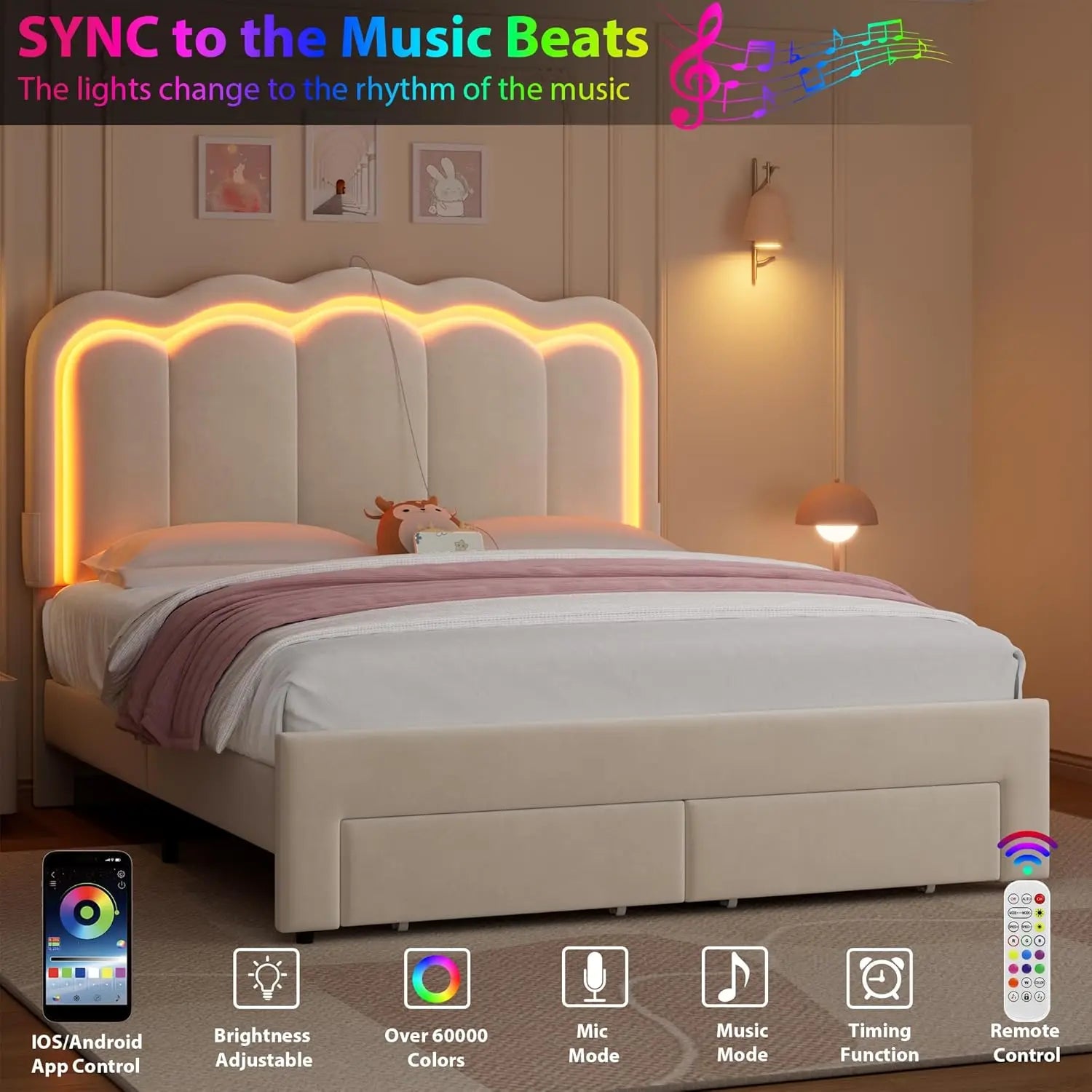 Velvet LED Bed Frame, 2-Drawers, RGB LED Adjustable Headboard, Charging Station