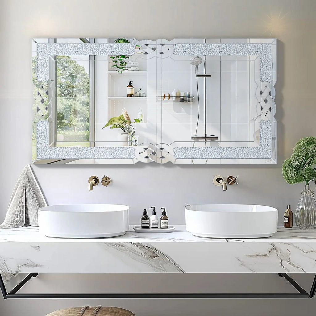 Wisfor Crushed Diamond Wall Mirror Rectangular Glass Silver Inlay Edge,