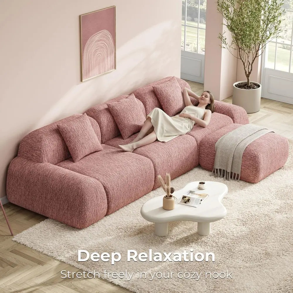 110 L-Shaped  Luxe Chenille Upholstered Boneless Sectional Sofa, Ottoman