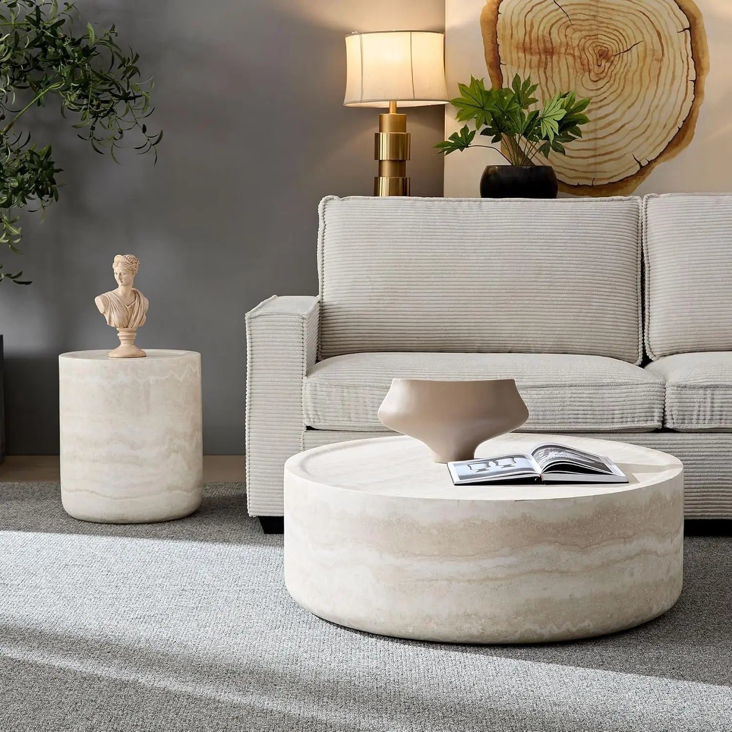 Set of 2 Round Coffee Table, Marble Grain Circke NestingTable